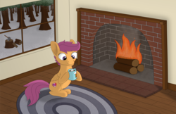 Size: 3796x2456 | Tagged: safe, artist:davinciwolf, scootaloo, pegasus, pony, g4, axe, chocolate, female, fire, fireplace, food, forest, high res, hot chocolate, mug, solo, weapon, window, winter