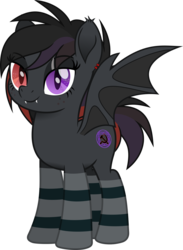 Size: 1409x1925 | Tagged: safe, artist:itspeahead, oc, oc only, oc:fire blade, bat pony, pony, g4, clothes, ear fluff, ear piercing, female, freckles, hammer and sickle, heterochromia, lidded eyes, looking at you, mare, movie accurate, piercing, scar, simple background, sitting, smiling, socks, solo, striped socks, transparent background, vector