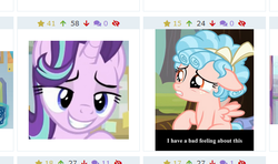 Size: 505x298 | Tagged: safe, edit, edited screencap, screencap, cozy glow, starlight glimmer, pegasus, pony, unicorn, derpibooru, g4, marks for effort, creepy, creepy smile, do not want, female, filly, juxtaposition, meta, smiling, starlight is a foal fiddler