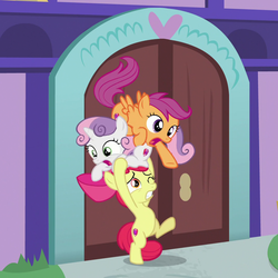 Size: 1080x1080 | Tagged: safe, screencap, apple bloom, scootaloo, sweetie belle, g4, marks for effort, cropped, cutie mark crusaders, pony pile, this will end in pain, tower of pony