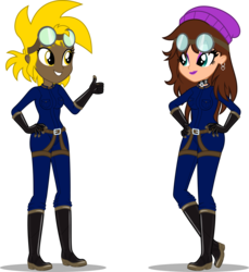 Size: 2751x3000 | Tagged: safe, artist:cyberapple456, oc, oc only, oc:chloe adore, oc:golden gear, human, equestria girls, g4, approval, beanie, belt, boots, choker, clothes, cosplay, costume, ear piercing, earring, eyeshadow, female, gloves, goggles, grin, hands on waist, hat, high res, jewelry, jumpsuit, lipstick, makeup, piercing, purple eyeshadow, purple lipstick, rubber, shoes, simple background, smiling, strap, thumbs up, transparent background, wellies, wellington boots