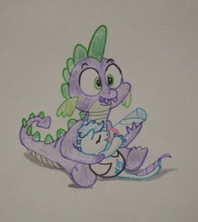 Size: 852x961 | Tagged: safe, artist:hillbe, spike, oc, dracony, hybrid, g4, baby, baby bottle, bottle feeding, father and child, foal, interspecies offspring, male, offspring, parent:rarity, parent:spike, parents:sparity, traditional art