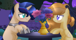 Size: 1500x790 | Tagged: safe, artist:sugaryicecreammlp, oc, oc only, oc:ivory buttercup, oc:prince eclipse, pegasus, pony, unicorn, base used, blushing, clothes, cute, female, flower, looking at each other, male, mare, oc x oc, shipping, shoes, stallion, straight, vase