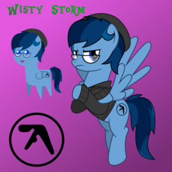 Size: 1080x1080 | Tagged: safe, artist:tacobender, oc, oc only, oc:wisty storms, pegasus, pony, aphex twin, blue coat, blue eyes, blue mane, commission, crossed hooves, cutie mark, female, flying, gradient background, happy, mare, pointy ponies, purple background, serious, smiling, solo, three quarter view, vector