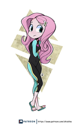 Size: 2904x4884 | Tagged: safe, artist:ohiekhe, fluttershy, butterfly, fish, human, equestria girls, equestria girls series, forgotten friendship, blushing, clothes, cute, feet, female, flip-flops, fluttershy's wetsuit, human coloration, humanized, patreon, sandals, shy, shyabetes, solo, standing, swimsuit, wetsuit