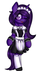 Size: 1062x1748 | Tagged: safe, artist:xcinnamon-twistx, oc, oc only, oc:nova aurora, pony, unicorn, bipedal, clothes, dress, heart eyes, maid, one eye closed, simple background, smiling, solo, transparent background, wingding eyes, wink