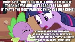 Size: 888x500 | Tagged: safe, edit, edited screencap, screencap, spike, twilight sparkle, g4, lesson zero, abuse, funny, go to sleep garble, image macro, mean, meme, op didn't even try, op is a duck, shitposting, spikeabuse, spikeposting