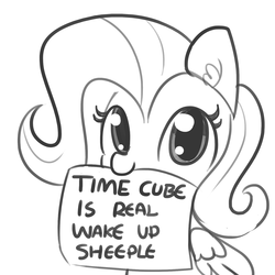 Size: 1650x1650 | Tagged: safe, artist:tjpones, fluttershy, pegasus, pony, g4, conspiracy theory, cute, ear fluff, female, flutterdumb, fluttershy's note meme, funny, funny as hell, lineart, looking at you, mare, meme, monochrome, mouth hold, nom, shyabetes, sign, simple background, sitting, sketch, smiling, solo, timecube, wake up sheeple, white background