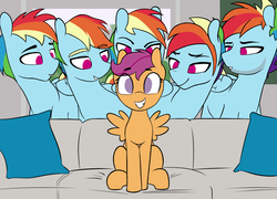 Size: 1835x1319 | Tagged: safe, artist:shinodage, edit, edited edit, editor:deserter, rainbow dash, scootaloo, pegasus, pony, fanfic:on a cross and arrow, alternate hairstyle, beard, blitzabetes, couch, cute, cutealoo, dashstorm, empty eyes, eyebrows, eyes on the prize, facial hair, female, filly, foal, grin, half r63 shipping, lidded eyes, looking at you, male, meme, multeity, pillow, piper perri surrounded, rainbow blitz, rule 63, rule63betes, scootablitz, scootadash, shipping, smiling, spread wings, squee, stallion, straight, stubble, wings