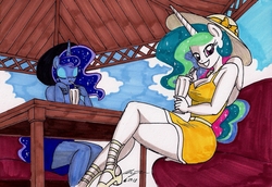 Size: 1954x1346 | Tagged: safe, artist:newyorkx3, princess celestia, princess luna, alicorn, anthro, g4, breasts, cleavage, clothes, crossed legs, dress, duo, eyes closed, female, hat, looking at you, mare, milkshake, royal sisters, sun hat, traditional art