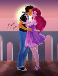Size: 2153x2786 | Tagged: safe, artist:shinta-girl, pinkie pie, oc, oc:copper plume, equestria girls, g4, canon x oc, clothes, commissioner:imperfectxiii, converse, copperpie, couple, dress, female, freckles, glasses, high res, jeans, kissing, male, neckerchief, ocean, pants, pier, shirt, shoes, straight, sunset
