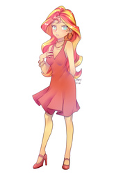 Size: 2000x2829 | Tagged: safe, artist:chenxi, sunset shimmer, equestria girls, anarchy panty, bracelet, clothes, cocktail dress, crossover, cute, dress, ear piercing, earring, female, high heels, high res, jewelry, necklace, panty and stocking with garterbelt, piercing, red dress, shimmerbetes, shoes, simple background, solo, white background