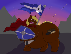 Size: 4000x3000 | Tagged: safe, artist:facade, oc, oc:joey butterscotch, earth pony, pony, arrow, bhm, cape, clothes, fat, flag, horn, male, musical instrument, runes, shield, sunset