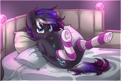 Size: 1565x1044 | Tagged: safe, alternate version, artist:trickate, oc, oc only, pony, unicorn, bed, clothes, commission, featureless crotch, frog (hoof), looking at you, male, on back, pillow, socks, solo, stallion, striped socks, underhoof, ych result