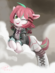 Size: 1536x2048 | Tagged: safe, artist:louislithium, oc, oc only, pony, clothes, cloud, female, one eye closed, solo, wink