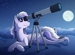 Size: 2300x1700 | Tagged: safe, artist:diggerstrike, oc, oc only, oc:starstorm slumber, pegasus, pony, cute, female, lying down, moon, night, on side, solo, telescope