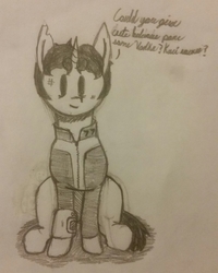 Size: 2002x2497 | Tagged: safe, artist:antique1899, oc, oc only, oc:ragtime melody, pony, unicorn, fallout equestria, belarusian, clothes, cursive writing, cute, cyrillic, fallout equestria: 77, high res, jumpsuit, looking at you, monochrome, pipbuck, sideburns, sitting, sketch, solo, torn ear, traditional art, vault suit