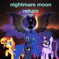 Size: 1525x1536 | Tagged: safe, artist:php77, editor:php77, nightmare moon, princess luna, sci-twi, sunset shimmer, twilight sparkle, g4, 1000 years in photoshop, wallpaper