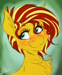 Size: 2843x3460 | Tagged: safe, artist:drizziedoodles, oc, oc only, oc:honey drizzle, earth pony, pony, bust, chest fluff, cute, digital art, female, freckles, high res, mare, not sunset shimmer, portrait, rule 63, signature, smiling, solo