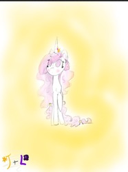 Size: 1167x1566 | Tagged: safe, artist:tiaandluluanimations, princess celestia, alicorn, pony, g4, eye, eyes, female, glowing, pink eyes, pink hair, pink-mane celestia, white, young, young celestia