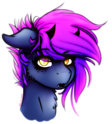 Size: 626x693 | Tagged: safe, artist:aaa-its-spook, oc, oc only, oc:spook, demon, demon pony, pony, fangs, horns, lipstick, looking at you, solo