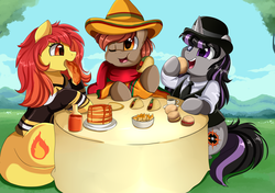 Size: 2334x1643 | Tagged: safe, artist:pridark, oc, oc only, oc:flamespitter, oc:magna-save, oc:winterlight, pony, unicorn, bowler hat, burger, clothes, eating, female, food, hat, male, mare, monocle, pancakes, smiling, stallion, taco