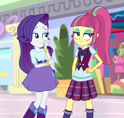 Size: 880x842 | Tagged: safe, screencap, rarity, sour sweet, equestria girls, equestria girls specials, g4, my little pony equestria girls: dance magic, bracelet, clothes, cropped, duo, jewelry, plaid skirt, ponytail, skirt