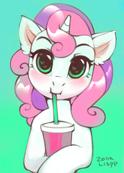 Size: 1021x1425 | Tagged: safe, artist:lispp, sweetie belle, pony, unicorn, g4, cute, diasweetes, drinking, female, filly, heart eyes, looking at you, simple background, smiling, solo, wingding eyes