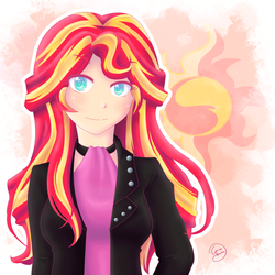 Size: 2598x2598 | Tagged: safe, artist:konakon24, sunset shimmer, equestria girls, g4, cute, cutie mark background, female, high res, human coloration, shimmerbetes, solo