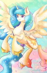 Size: 1024x1583 | Tagged: safe, artist:animechristy, princess celestia, alicorn, pony, g4, female, flying, mare, missing accessory, rearing, smiling, solo, spread wings, unshorn fetlocks, wings