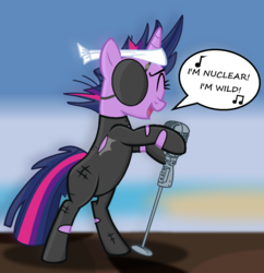 Size: 1161x1197 | Tagged: safe, artist:chanour-bases, artist:grapefruitface1, twilight sparkle, pony, g4, it's about time, base used, bipedal, eyepatch, female, future twilight, metal gear solid 5, microphone, mike oldfield, music notes, nuclear, rock (music), seaside, shading, show accurate, singing, sky, solo, song reference, speech bubble