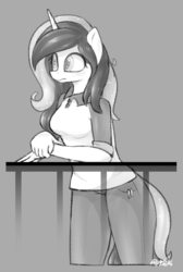 Size: 463x688 | Tagged: safe, artist:puetsua, oc, oc only, unicorn, anthro, anthro oc, clothes, female, gray background, mare, monochrome, pants, shirt, simple background, sketch