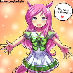 Size: 750x750 | Tagged: safe, artist:lumineko, fluttershy, human, g4, bronybait, clothes, crossover, crying, dress, eared humanization, female, gdq, heart, humanized, looking at you, signature, skirt, smiling, solo, speech bubble, super metroid, tailed humanization, tears of joy, uma musume pretty derby