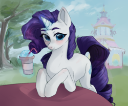 Size: 832x689 | Tagged: safe, artist:adsddjdfbdg, rarity, pony, blushing, carousel boutique, drink, female, glowing horn, hooves on the table, looking at you, magic, smiling, solo, telekinesis