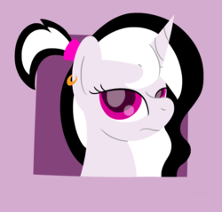 Size: 1022x978 | Tagged: safe, artist:phat_guy, derpibooru exclusive, oc, oc only, pony, unicorn, bust, ear piercing, earring, female, frame, frown, glare, horn, jewelry, lineless, looking at you, mare, piercing, ponytail, portrait, simple background, solo