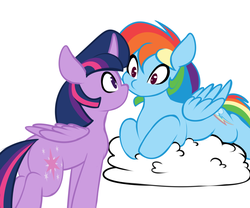Size: 2400x2000 | Tagged: safe, artist:elzzombie, rainbow dash, twilight sparkle, alicorn, pegasus, pony, g4, cloud, female, high res, lesbian, looking at each other, mare, prone, ship:twidash, shipping, simple background, twilight sparkle (alicorn), white background