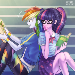 Size: 1500x1500 | Tagged: safe, artist:tcn1205, rainbow dash, sci-twi, twilight sparkle, equestria girls, g4, my little pony equestria girls: better together, book, clothes, cute, duo, female, food, glasses, legs, moe, ponytail, popsicle, reading, sitting, skirt, smiling