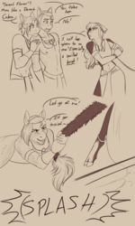 Size: 1956x3269 | Tagged: safe, artist:blackblood-queen, oc, oc only, oc:daniel dasher, oc:singe, oc:sunstreak quartz, pegasus, anthro, unguligrade anthro, anthro oc, clothes, cloven hooves, comic, crossover, dialogue, freckles, leonine tail, male, monochrome, moses, partial nudity, prince of egypt, rameses, rope, simple background, sketch, smiling, stallion, tied hands, topless, tzipporah