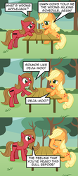 Size: 800x1800 | Tagged: safe, artist:nightmaremoons, applejack, oc, oc:pun, earth pony, pony, ask pun, g4, ask, facehoof, female, mare, pun, show accurate, table