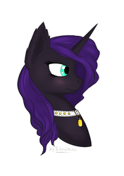 Size: 825x1173 | Tagged: safe, artist:silviawing, oc, oc only, oc:cognitio dissonantia, alicorn, pony, alicorn oc, bust, collar, cyan eyes, horn, pet tag, portrait, purple hair, solo