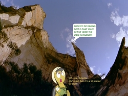 Size: 846x635 | Tagged: safe, artist:didgereethebrony, daring do, oc, oc:didgeree, g4, australia, bandaged wing, blue mountains, cliffs, dialogue, fish eyed lens, hanging rock, hat, implied didgeree, mlp in australia, speech bubble, sweat, valley, yelling