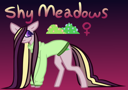 Size: 900x635 | Tagged: safe, artist:eppyminecart, oc, oc only, oc:shy meadows, earth pony, pony, icey-verse, clothes, female, gradient background, hair over one eye, magical lesbian spawn, mare, next generation, offspring, parent:fluttershy, parent:tree hugger, parents:flutterhugger, shy, solo, sweater