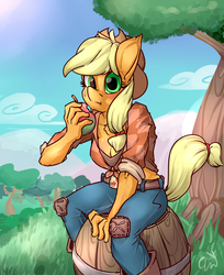 Size: 2200x2700 | Tagged: safe, artist:passigcamel, applejack, earth pony, anthro, g4, apple, female, food, high res, looking at you, solo, sweat, sweatdrop, tree, zap apple