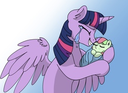 Size: 1957x1426 | Tagged: safe, artist:pastel-charms, twilight sparkle, oc, oc:pansy everfree, alicorn, pony, g4, adopted offspring, baby, baby pony, crying, swaddling, tears of joy, twilight sparkle (alicorn)