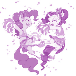 Size: 1100x1100 | Tagged: safe, artist:dstears, pinkie pie, rarity, earth pony, pony, unicorn, cheerleader, cheerleader outfit, cheerleader pinkie, cheerleader rarity, clothes, confetti, cute, diapinkes, duo, eyes closed, female, mare, moe, monochrome, open mouth, pleated skirt, pom pom, ponytail, purple, raribetes, shoes, simple background, skirt, skirt lift, smiling, socks, weapons-grade cute, white background