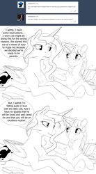 Size: 1980x3592 | Tagged: safe, artist:silfoe, princess luna, twilight sparkle, alicorn, pony, royal sketchbook, g4, ask, black and white, book, comic, dialogue, female, glowing horn, grayscale, horn, lesbian, magic, mare, monochrome, prone, ship:twiluna, shipping, simple background, speech bubble, telekinesis, tumblr, twilight sparkle (alicorn), white background