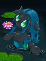 Size: 960x1280 | Tagged: safe, artist:a8702131, queen chrysalis, changeling, changeling queen, g4, child, cute, cutealis, female, flower, lilypad, looking at you, lotus (flower), pond