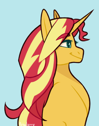 Size: 1493x1900 | Tagged: safe, artist:petalierre, sunset shimmer, pony, unicorn, g4, blue background, female, mare, simple background, smiling, solo