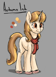 Size: 754x1027 | Tagged: safe, artist:camyllea, oc, oc only, oc:autumn ink, pony, unicorn, clothes, female, gray background, mare, reference sheet, scarf, simple background, solo