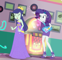Size: 1123x1079 | Tagged: safe, screencap, blueberry cake, rarity, equestria girls, g4, my little pony equestria girls: better together, pinkie pie: snack psychic, armpits, background human, clothes, cropped, dress, eyes closed, female, high heels, jukebox, legs, rarity peplum dress, shoes, skirt, sleeveless, sleeveless dress, smiling